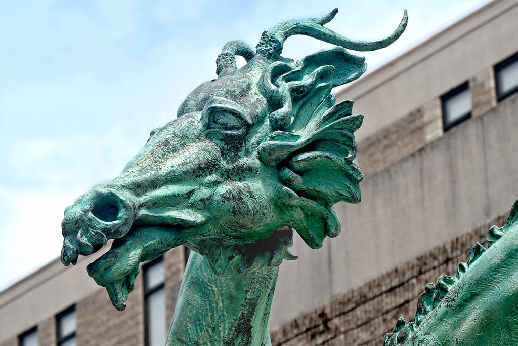 Large bronze dragon head sculpture in Philadelphia's Chinatown.