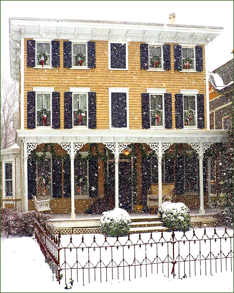 An 1878 Victorian home in Haddonfield, NJ during a Christmas snow storn.