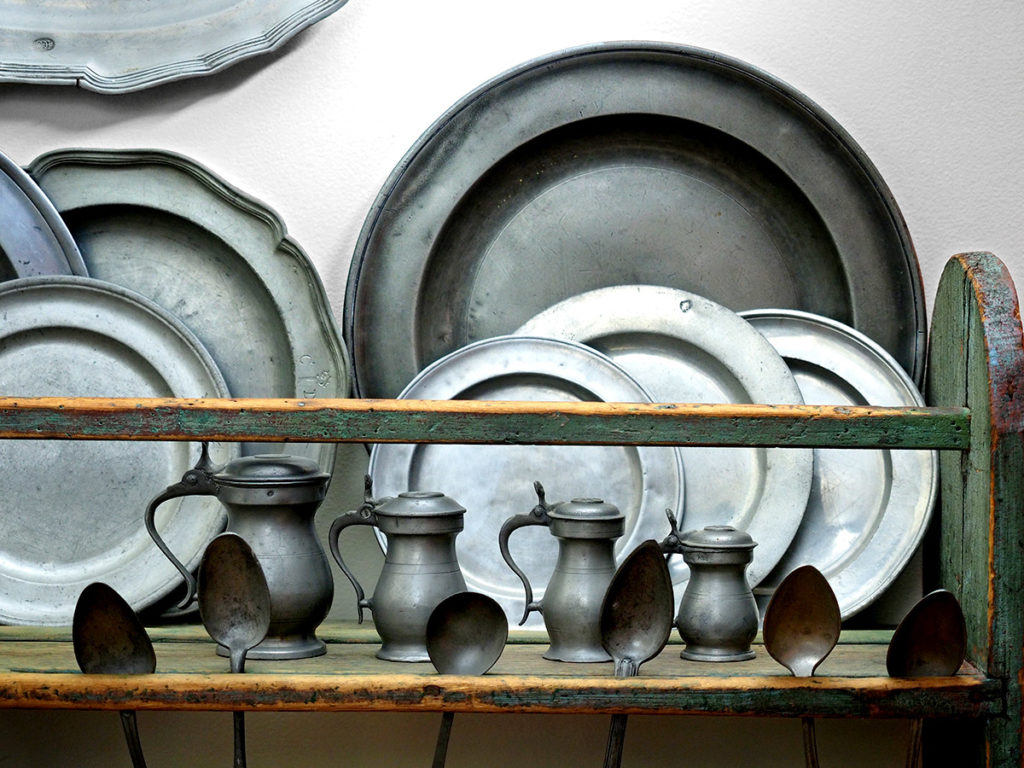 Pewter spoons, plates, tankards, and spoons