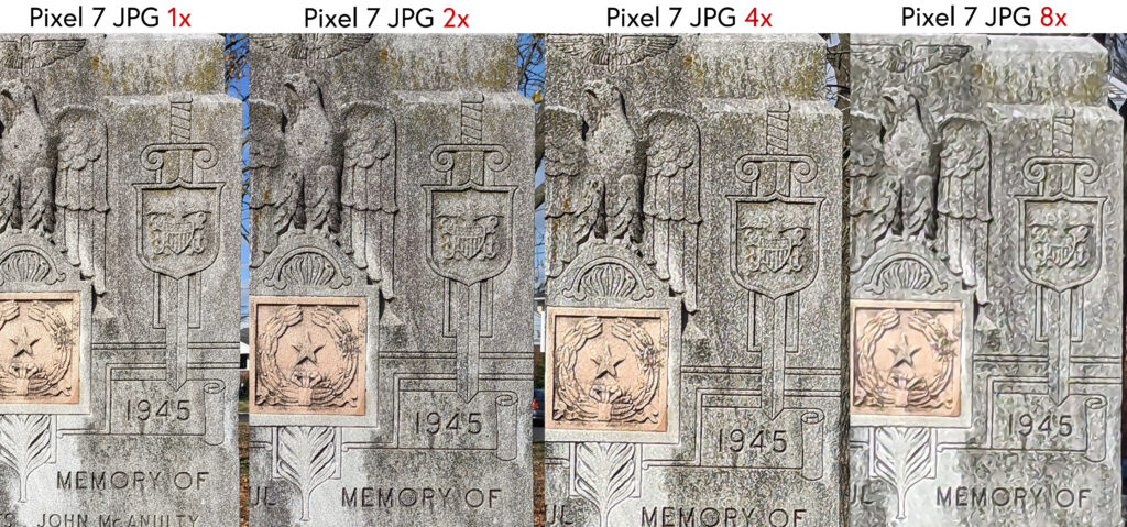 Details image of how Pixel 7 images degrade as you user higher magnification ranges.