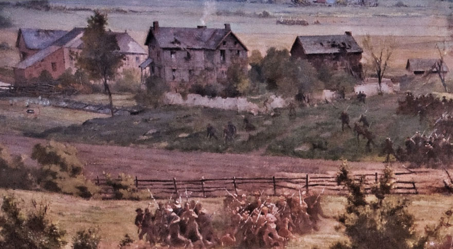 A painting of Codori Farm during the battle of Gettysburg.