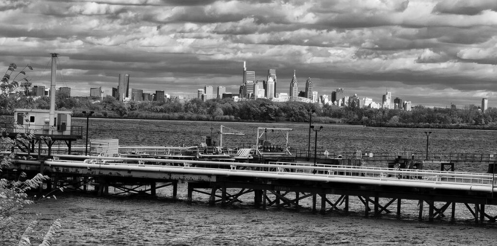 A view across the Delaware River from Paulsboro, NJ, toward the skyline of Philadelphia.